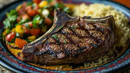 A beautifully plated meal featuring a grilled steak, couscous, and a fresh salad.