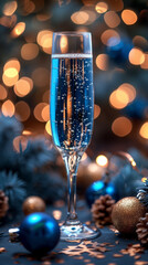 Elegant Blue Champagne Flutes in Festive Setting. Blue champagne flutes in a sparkling holiday scene with warm bokeh lights and festive decor.