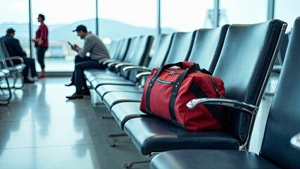 Airport seating area with a travel guide and small duffel bag resting on the chair