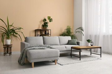Fototapeta premium Interior of living room with grey sofa, houseplants, coffee table and shelving unit