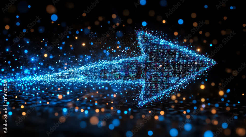 Poster futuristic digital arrow with blue matrix binary code and pixelated background