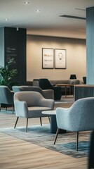 Fototapeta premium Modern lounge, gray chairs, wood floor, area rug.