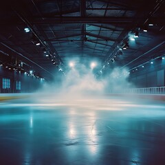 Smoky, dimly lit empty industrial space with a large, reflective floor.