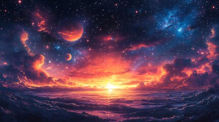 Fototapeta premium Stunning celestial landscape with planets stars and vibrant cosmic sunset view
