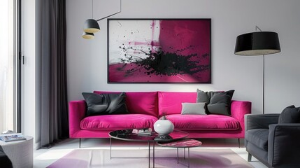 Minimalist living room with fuchsia sofa, charcoal cushions, sleek coffee table, abstract art, and natural light.