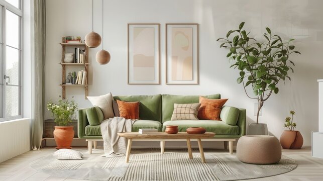Minimalist living room featuring sage green furniture, terracotta accents, natural wood elements, and white decor