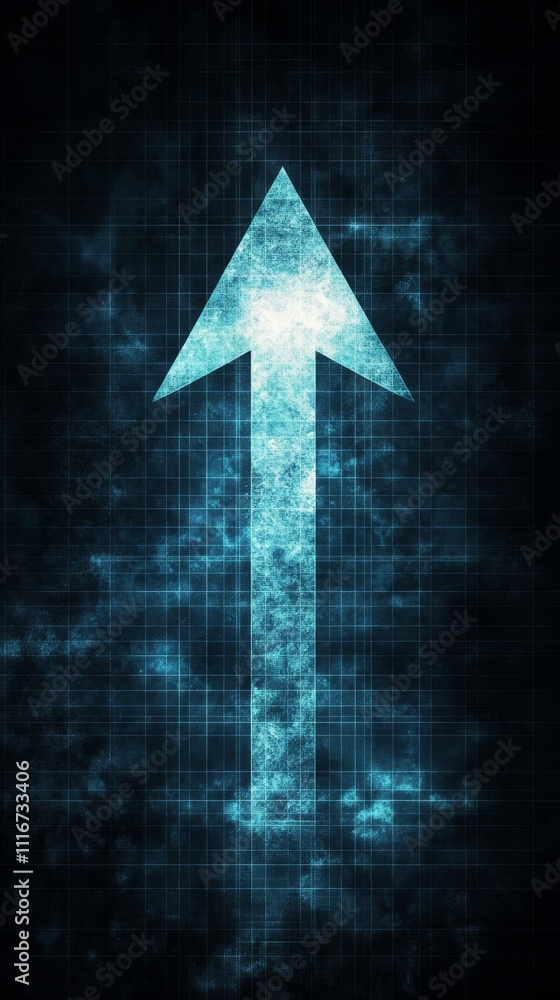 Poster illuminated digital arrow pointing upwards against dark background, futuristic technology concept