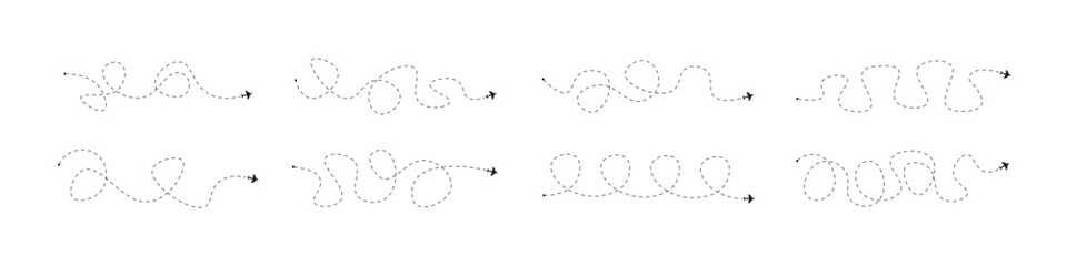 Airplane routes set. Plane route lines. Planes dotted flight pathway. Plane paths. Aircraft tracking lines
