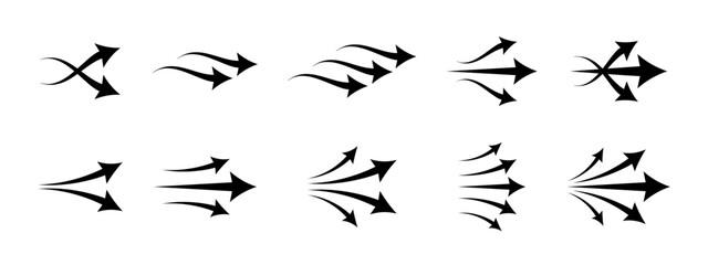 Air flow arrows. Wind flow cursor icons. Wind or air stream direction arrows. Air movement arrows illustration
