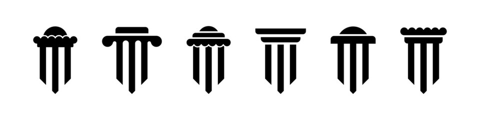 Flat black column logo set. Column silhouette. Ancient columns vector icons. Vector black column icon set. Flat style column icons