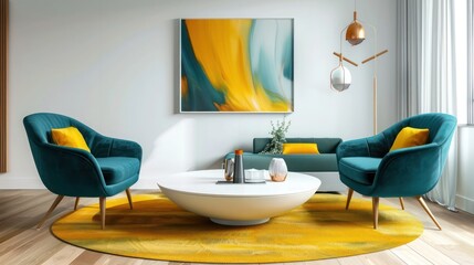 Minimalist living room, teal chairs, mustard yellow rug, white coffee table, abstract wall art, natural lighting.