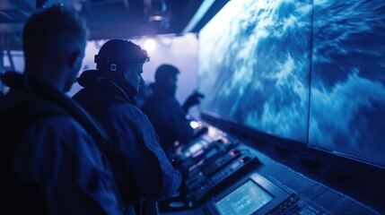 A group of marine meteorologists yzing advanced weather data to provide accurate and timely reports showcasing their expertise in predicting ocean conditions for safe navigation.