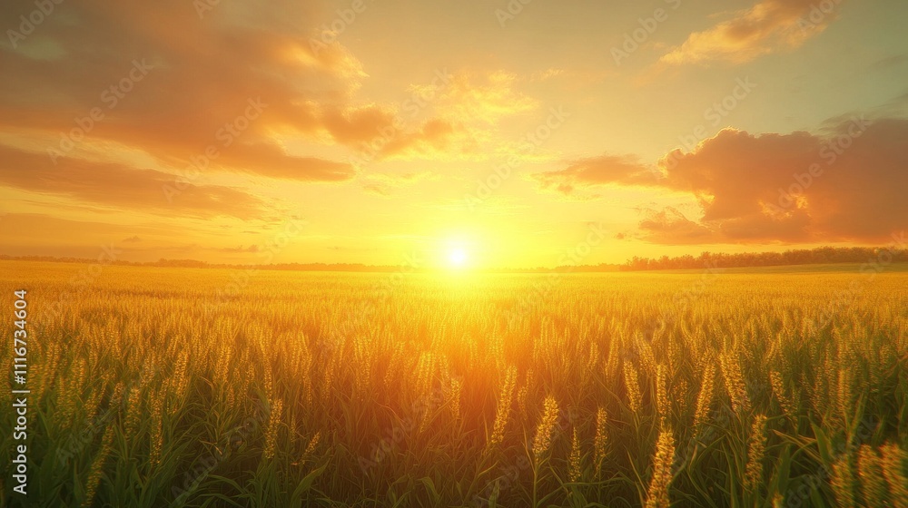 Poster vast golden fields stretch under a radiant sunset, where tall stalks sway gently in the breeze. the 