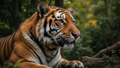Majestic Amur Tiger with Alert Expression in Lush Green Forest Setting