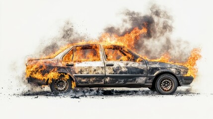burning car on white background