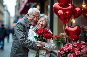 Fototapeta premium Asian elderly hugging happy couple standing with a bouquet of red roses on a winter street near a flower shop with red heart shaped balloons