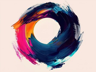 A vibrant circular abstract composition featuring dynamic brush strokes in contrasting colors, creating movement and depth.