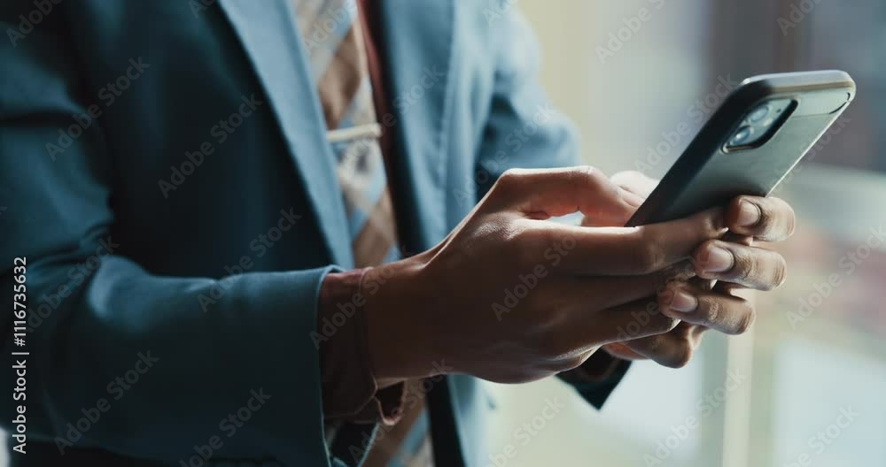 Poster hands, smartphone and texting in office for person with notification, contact and update with lead i