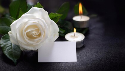 Fototapeta premium White rose, blank card, and burning votive candles resting on dark background