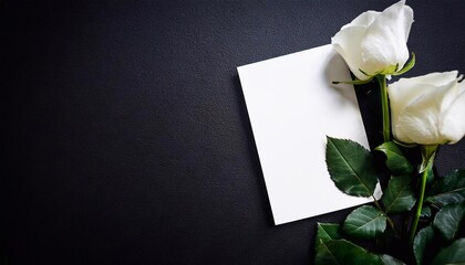 Fototapeta premium White roses and blank card on black background for condolence message