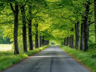 Fototapeta premium A serene and empty road lined with lush green trees, inviting exploration through nature,