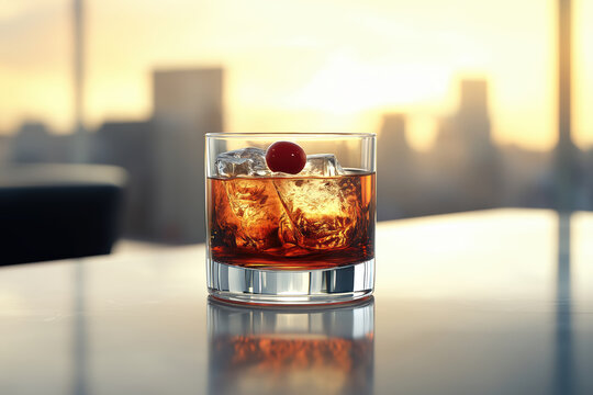 A photo of a Vieux Carré cocktail with a maraschino cherry on a modern stone bar table and background in a high class city lounge.