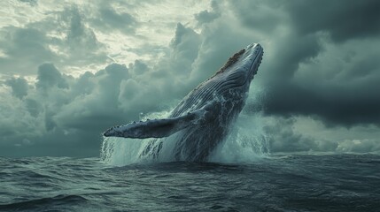 Fototapeta premium A giant whale breaching the ocean surface, water splashing against the backdrop of a cloudy sky