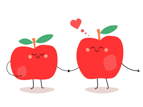 A couple of apples in love holds hands. Cute funny fruits. Vector graphics.