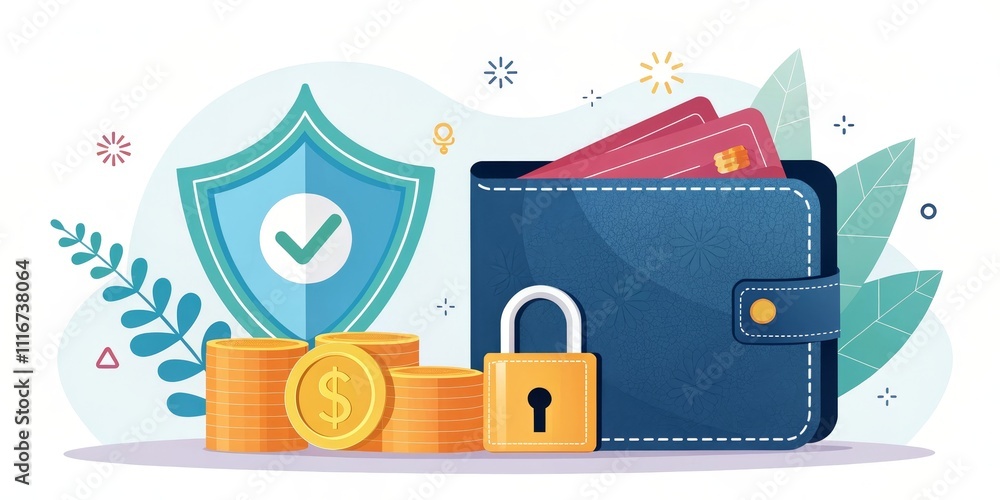 Poster secure digital wallet with credit cards and coins on a shielded background