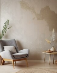 Bohemian home interior design features a grey snuggle chair against a beautifully textured stucco wall.