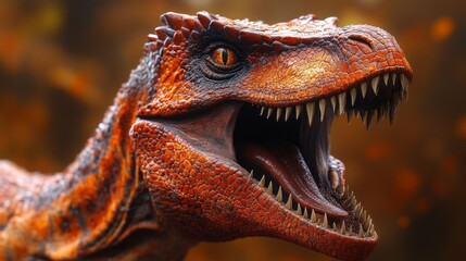 A fierce dinosaur with vibrant red scales roars powerfully, showcasing its sharp teeth and intense...