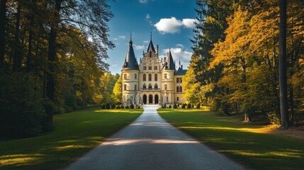 Gothic-style castle surrounded by trees and blue sky long pathway leading to the structure morning light creating a fairytale atmosphere