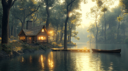 Fototapeta premium Enchanted cabin by serene lake
