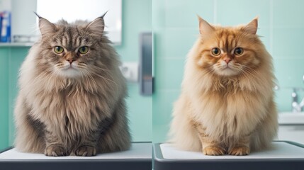 A skilled groomer presents a remarkable transformation of a fluffy cat, displaying the striking contrast between its wild, unkempt fur and a neatly styled look, highlighting the art of grooming