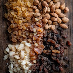 Dried tropical fruits with various nuts and raisins, macro shot, top view. --v 6.1 Job ID: 66d3cf06-5770-4a7d-868e-b0aa30d853b8