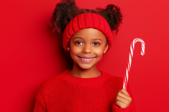 African-American  little girl wearing red sweater and holding candy cane for Christmas