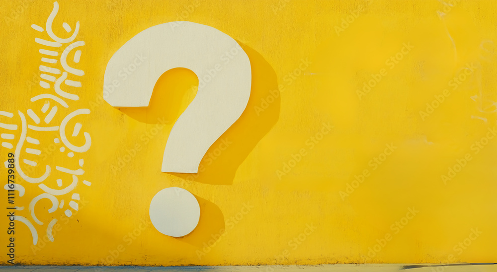 Poster bright yellow wall with large question mark and decorative design invites curiosity and reflection