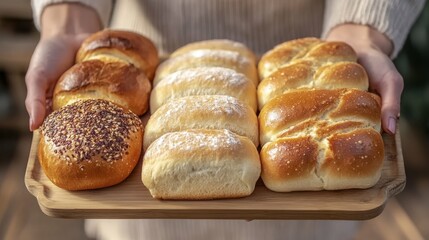 Close-up of various freshly baked breads on a wooden plate person holding it soft light warm atmosphere rustic background