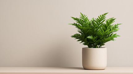Fototapeta premium A healthy, green fern in a simple, rustic pot, placed on a wooden table with a neutral background