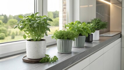 Fototapeta premium Fresh Greenery A minimalist herb garden sits on the windowsill bringing a touch of organic warmth into the cool modern design creating a welcoming contrast to the sleek finishes.
