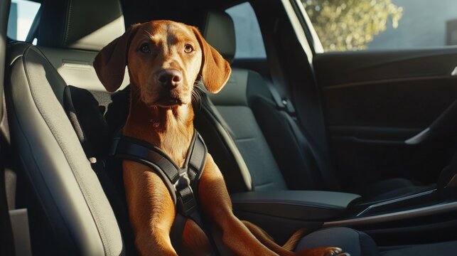 Red dog sitting in a secured car seat with a safety harness modern car interior in soft daylight minimalist transport style