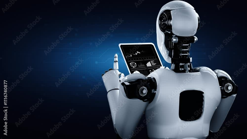 Poster robot hominoid using tablet computer in concept of ai thinking brain , artificial intelligence and m