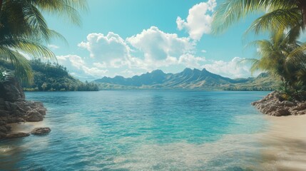 Fototapeta premium Tranquil Tropical Cove with Palm Trees and Mountain Range
