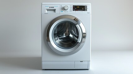 Modern white washing machine with chrome accents.