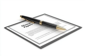 A pen rests elegantly on top of divorce papers designed for official signings. The documents reflect the serious nature of the separation process, symbolizing important life changes.
