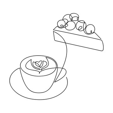 recommend clip art: Hand drawn cake coffee cup vector. One line continuous drawing. Food and drink illustration. Dessert icon. Pastry print, banner, card, product logo, brochure, menu, bakery shop, latte art