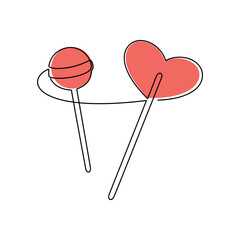 Hand drawn red heart lollipop. Sweets candies line continuous drawing. Vector illustration. Linear icon. Minimal print, banner, card, wall art poster, brochure, logo, cartoon sign, doodle, symbol