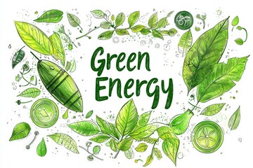 A creative depiction of green energy featuring various shades of green leaves and natural elements. The artwork emphasizes sustainability and eco-friendly practices with intricate designs.