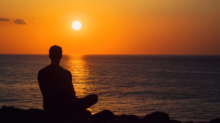 Silhouette of person meditating at sunset by sea