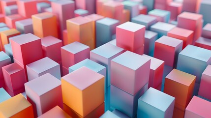 Fototapeta premium Abstract 3D background with colorful wooden cubes arranged in a gradient pattern, creating a vibrant and textured visual effect.